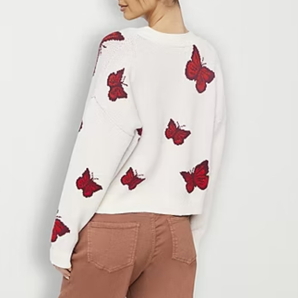 Forever 21 women's and junior's cardigan butterfly Small beige and red,  v-neck - Picture 2 of 8